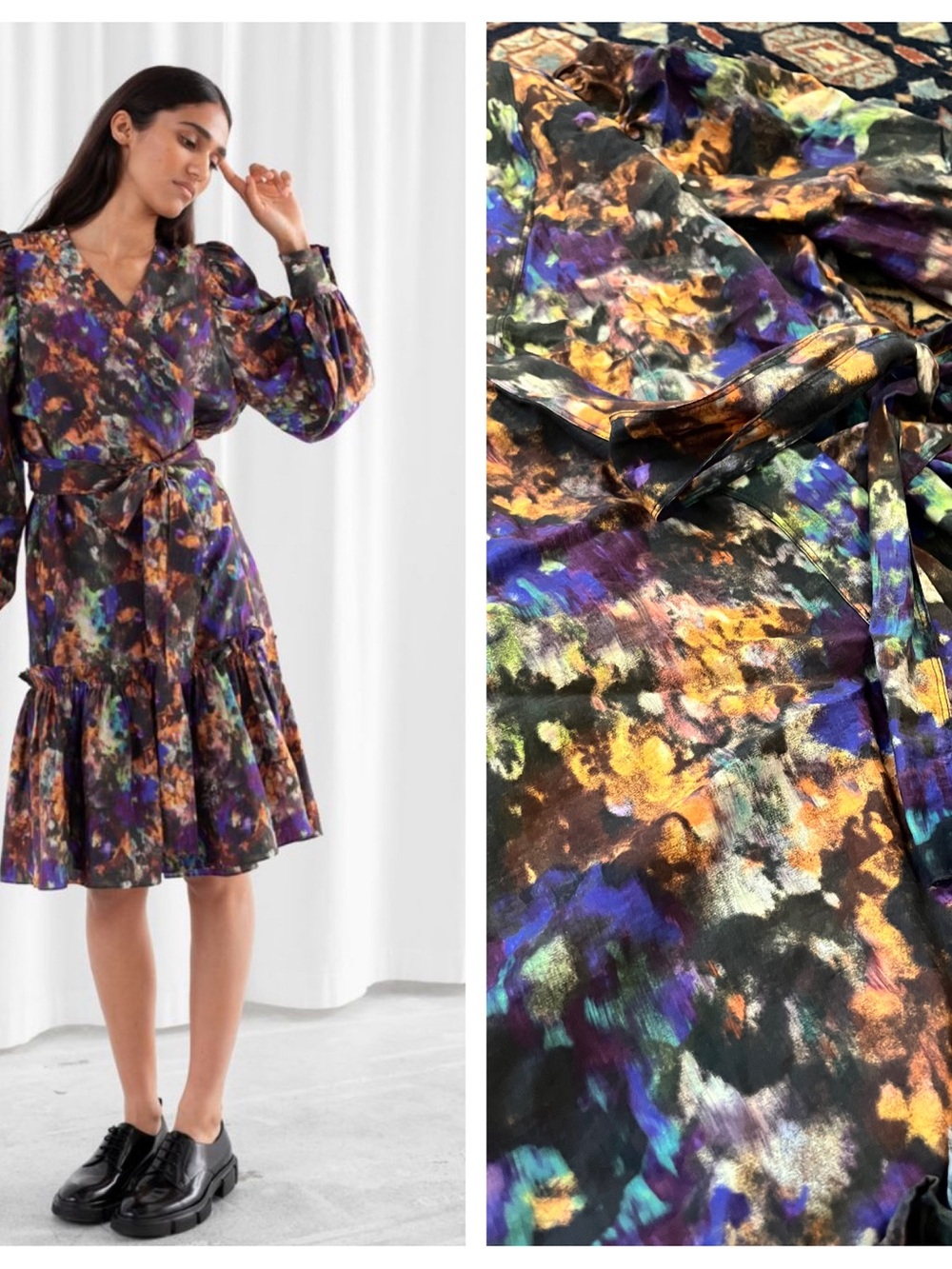 & Other Stories capsule true wrap dress puff sleeve watercolor ruffle hem 4